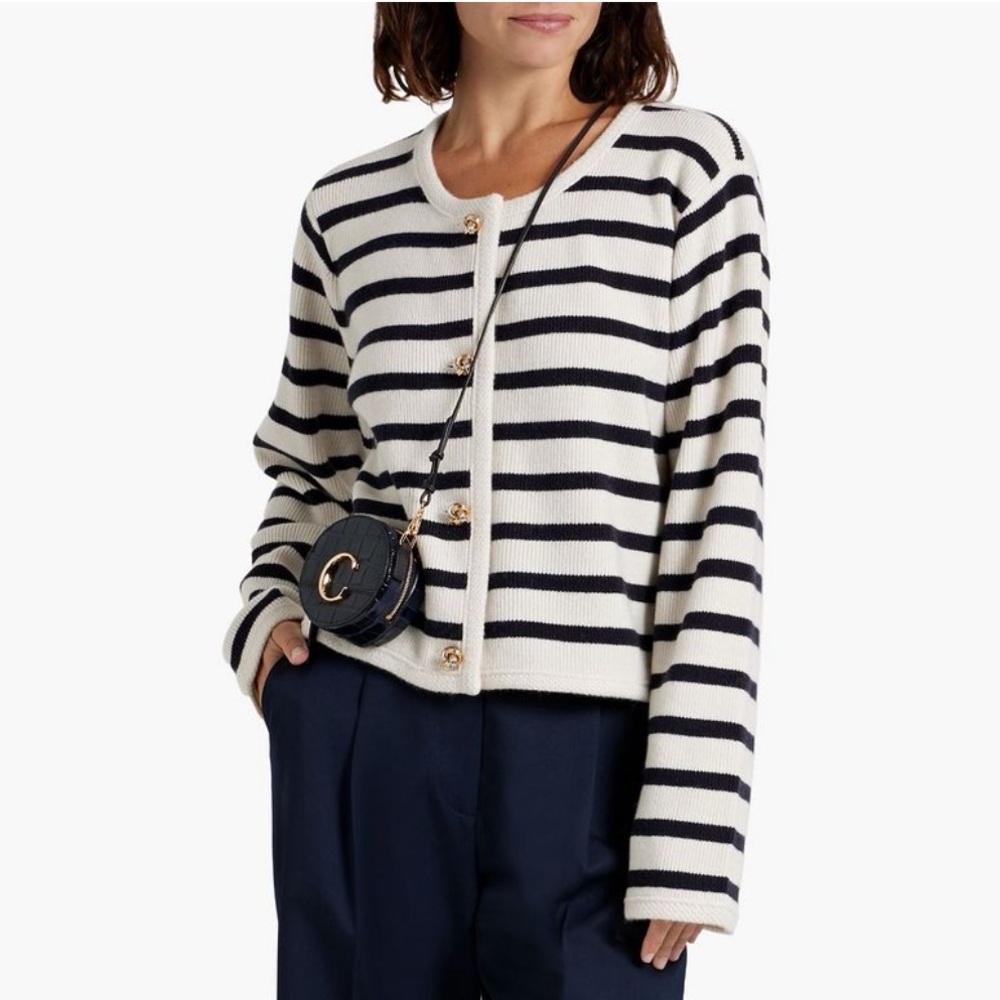 Derek Lam Black and Cream Striped Ribbed wool-blend-cardigan, size M